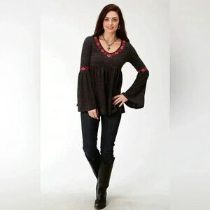 Roper Size XL Grey Knit Embroidered V Neck Pullover Tunic Top Western Cowgirl